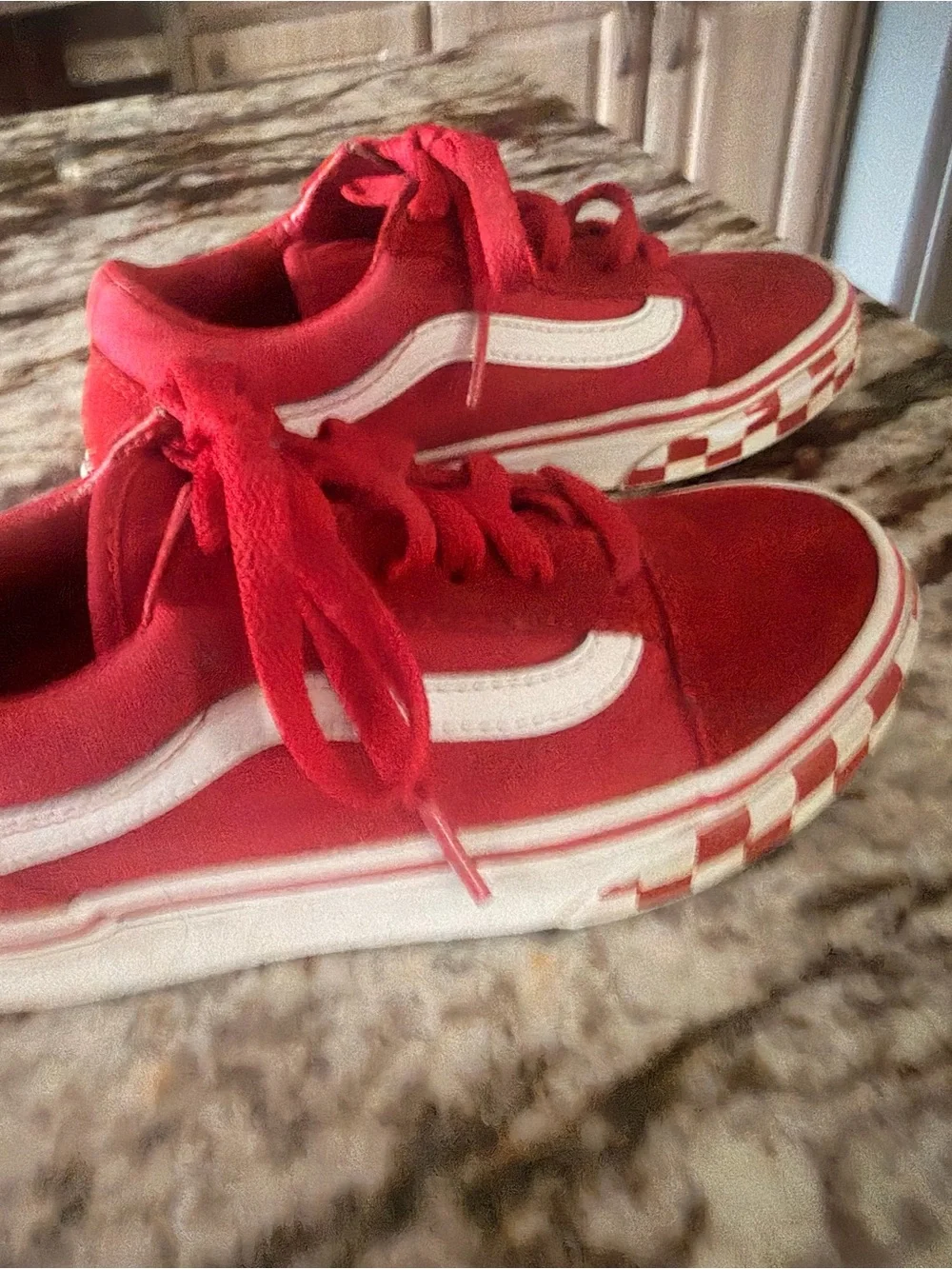 Vans Kids Size 13 Red Suede Sneakers with White Stripe and Checkered Soles